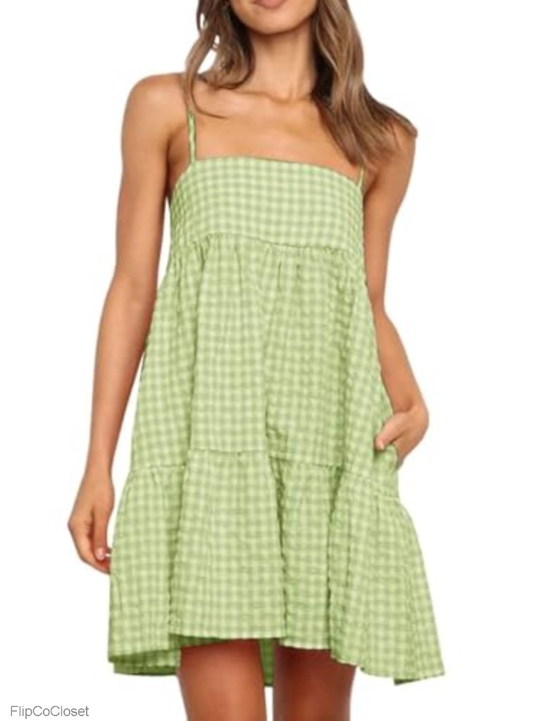 Womens Plaid Mini Sundress Sleeveless Spaghetti Strap A-Line With Pockets